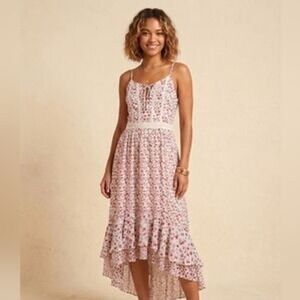 Jayne Floral High Low Maxi Dress boho cottagecore Lace‎ Trim Rayon Womens Large